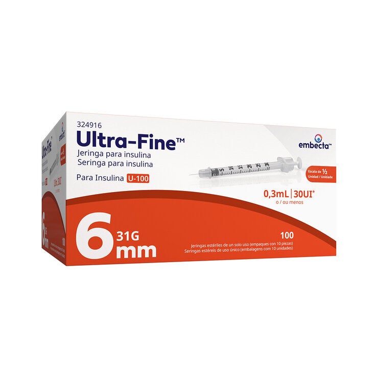 BD Jeringa Ultra-Fine 0.3mL 31G 6mm c/100 Piezas Autocontenidas BD Jeringa Ultra-Fine 0.3mL 31G 6mm c/100 Piezas Autocontenidas