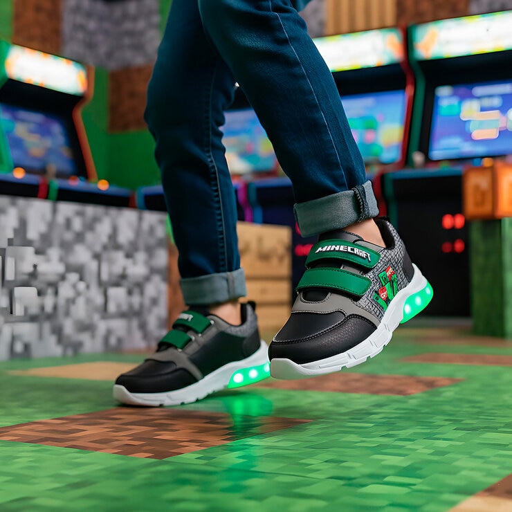 Minecraft Creeper, Tenis Original con Luces, Color Negro-Verde para Niño, Varias Tallas