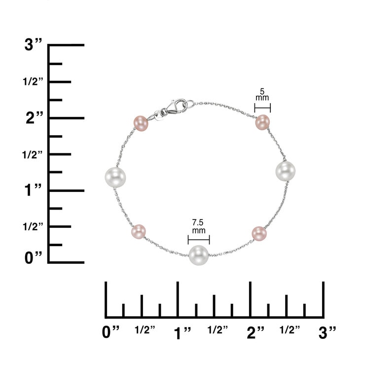 Pulsera de Perlas, Blancas y Rosas, 5-7.5mm, Oro Blanco de 14kt