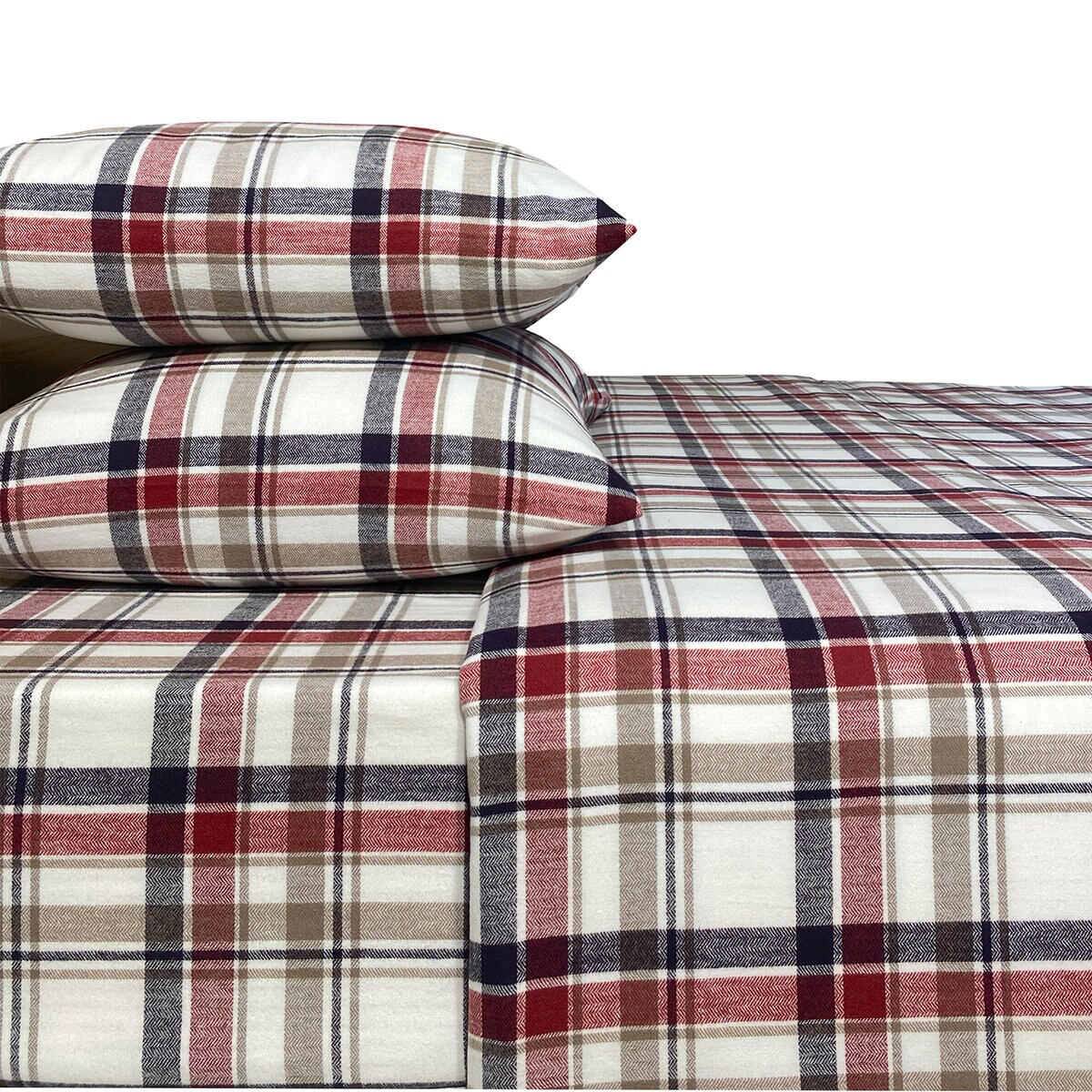 Flannel From Portugal, Juego de Sábanas de Franela, Tamaño Matrimonial 4 Piezas, Red Plaid