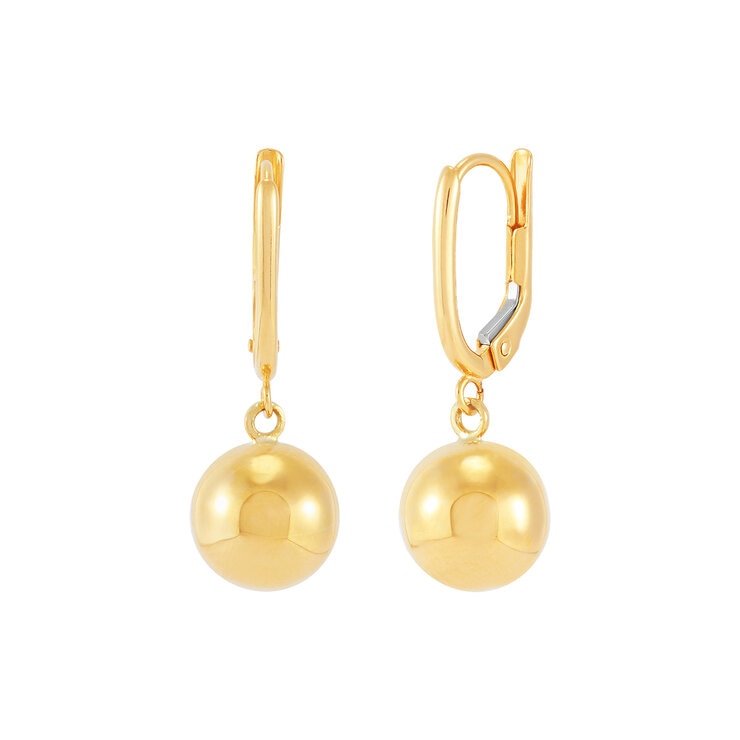Aretes de cuentas pulidas 9.6mm, Oro Amarillo de 14K Aretes de cuentas pulidas 9.6mm, Oro Amarillo de 14K