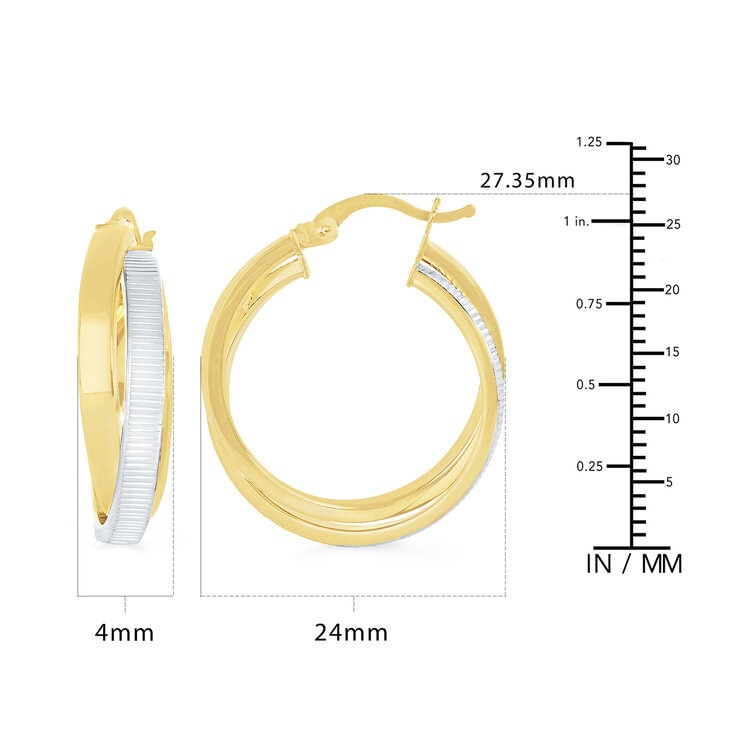 Aretes, Arracadas Doble Fila, Oro Dos Tonos 14K Aretes, Arracadas Doble Fila, Oro Dos Tonos 14K