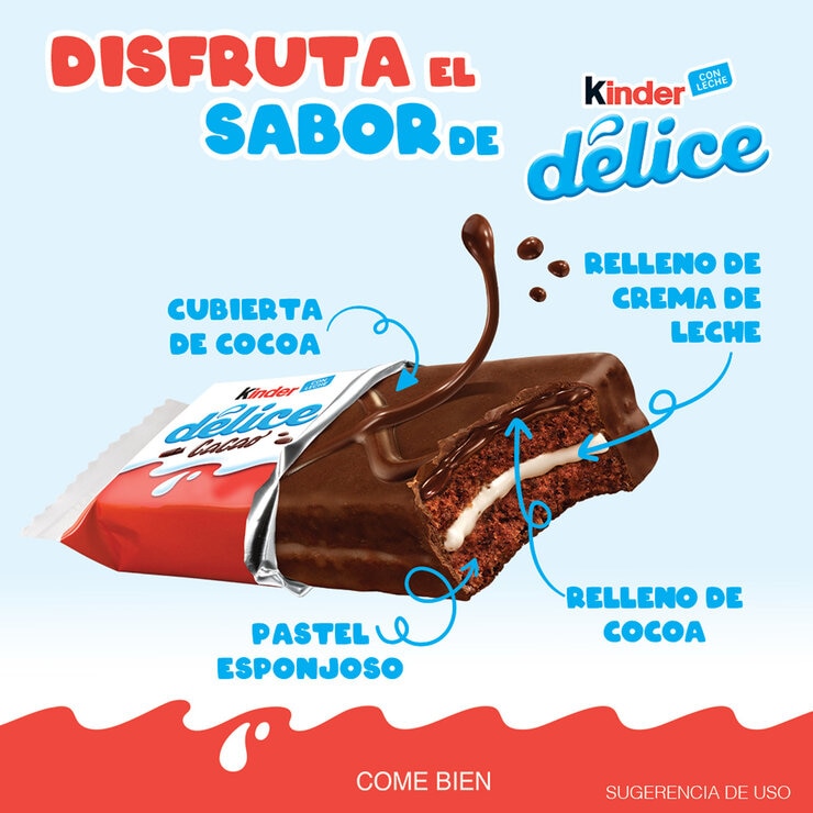 Kinder Délice Pastelito con Cobertura a Base de Cacao 15 pzas de 39g