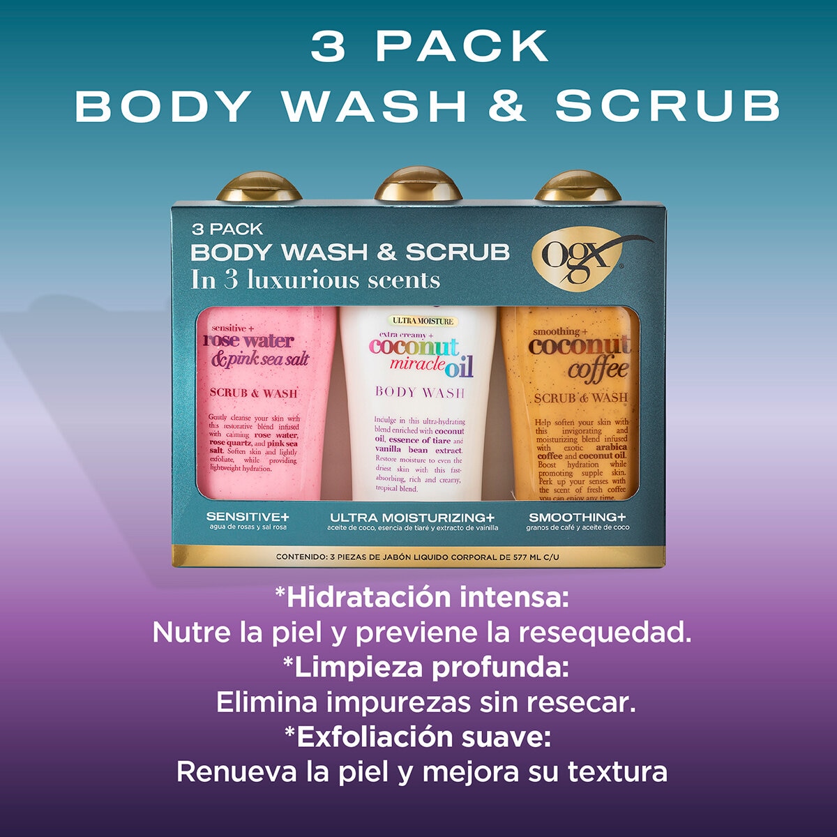 Ogx Body Wash y Exfoliante, 3 pzas