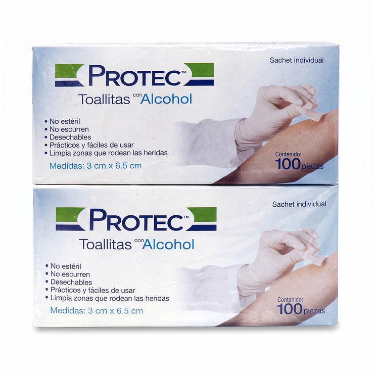 Protect Toallitas Alcohol 2 cajas de 100 piezas c/u Protect Toallitas Alcohol 2 cajas de 100 piezas c/u