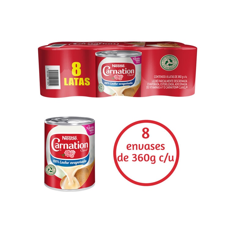 Carnation Clavel Leche Evaporada 8 pzas de 360 g