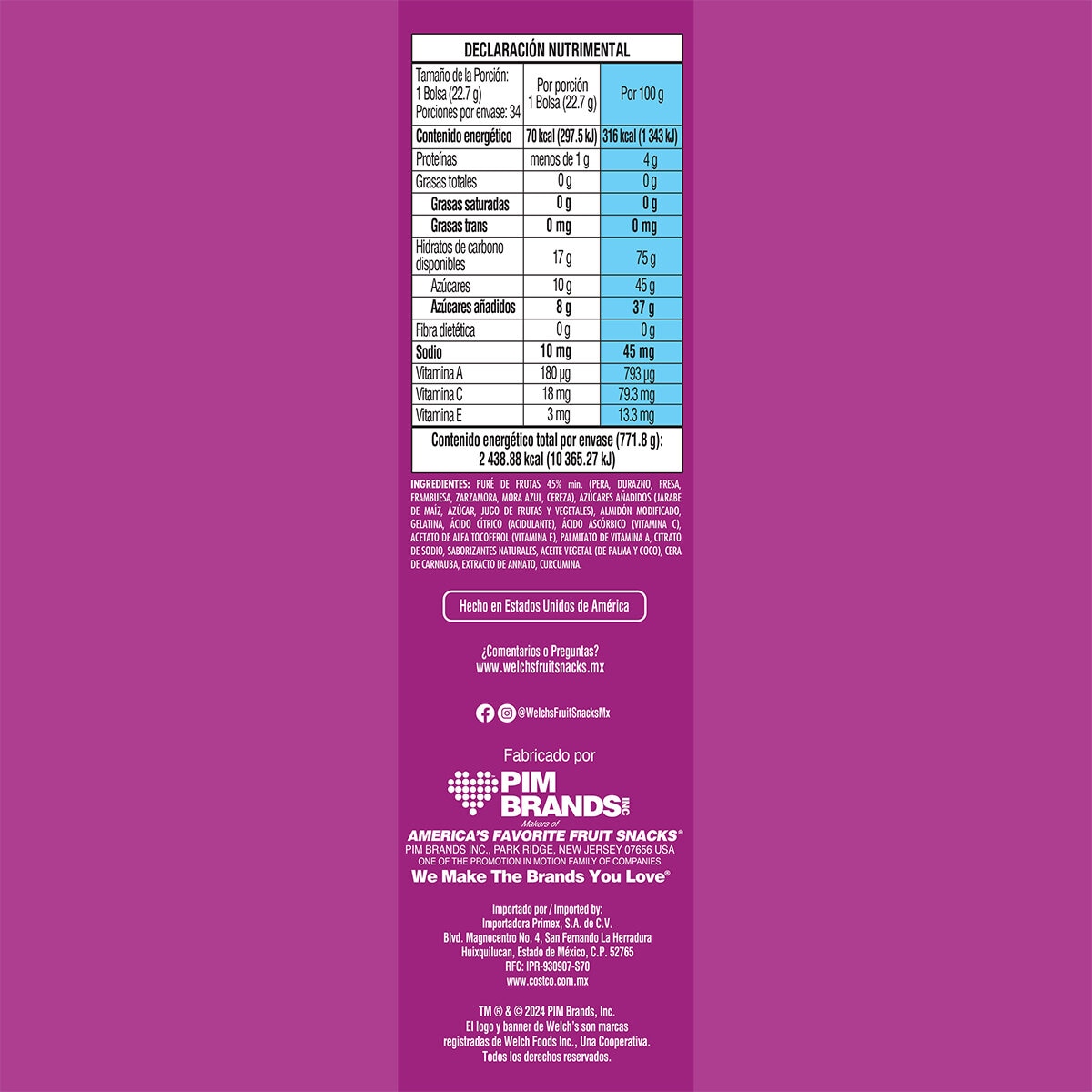 Welch's Gomitas con Puré de Frutas con Centro Líquido 34 pzas de 22.7 g