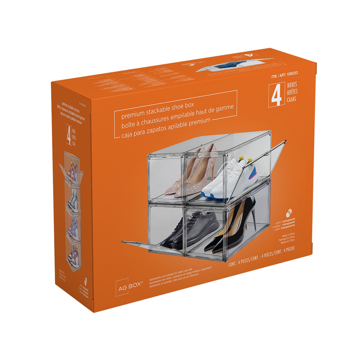AG Box, Set de 4 Cajas de Zapatos Apilables Modelo Payton, Transparente