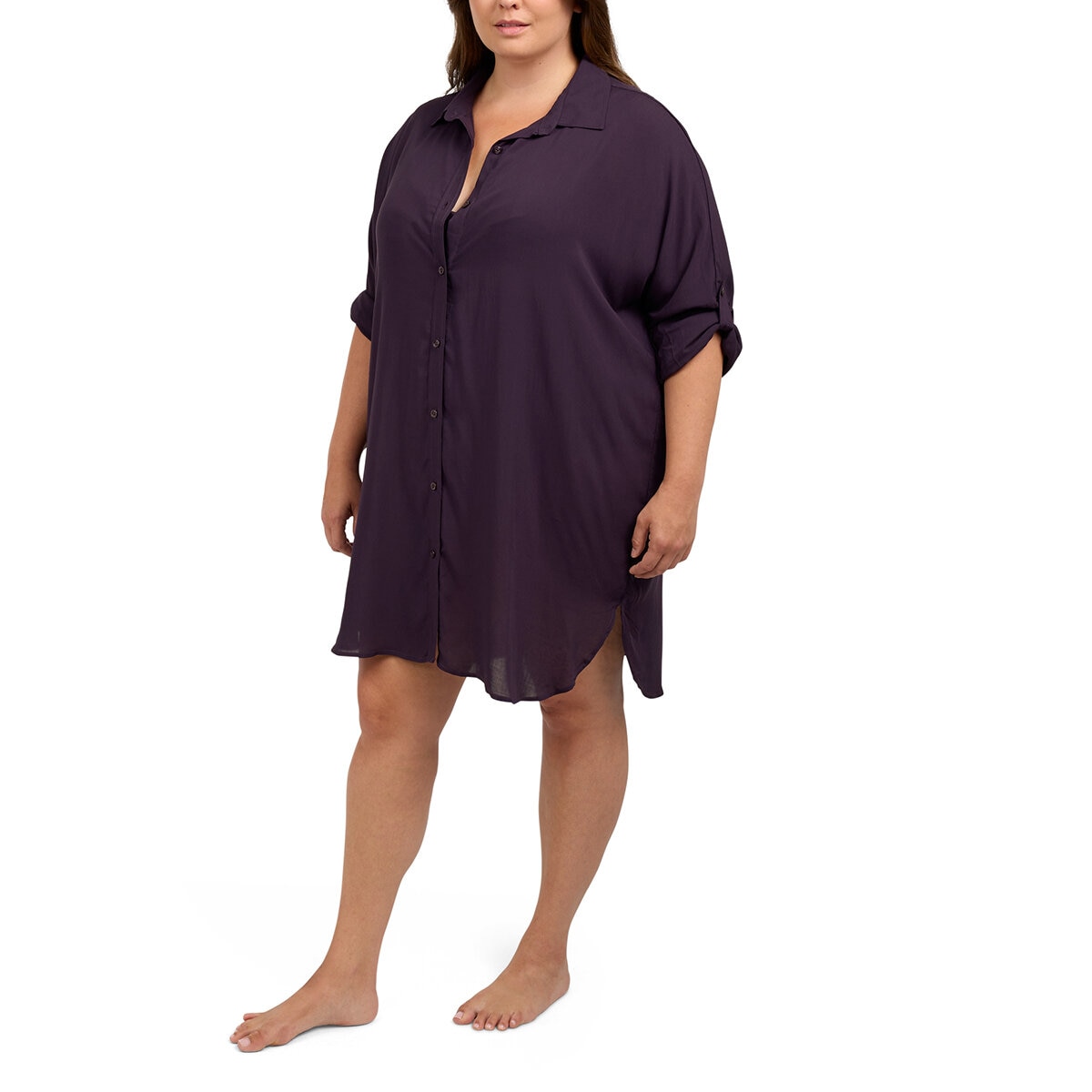 Lands' End Camisa de Playa para Dama Morado Mediana/Larga