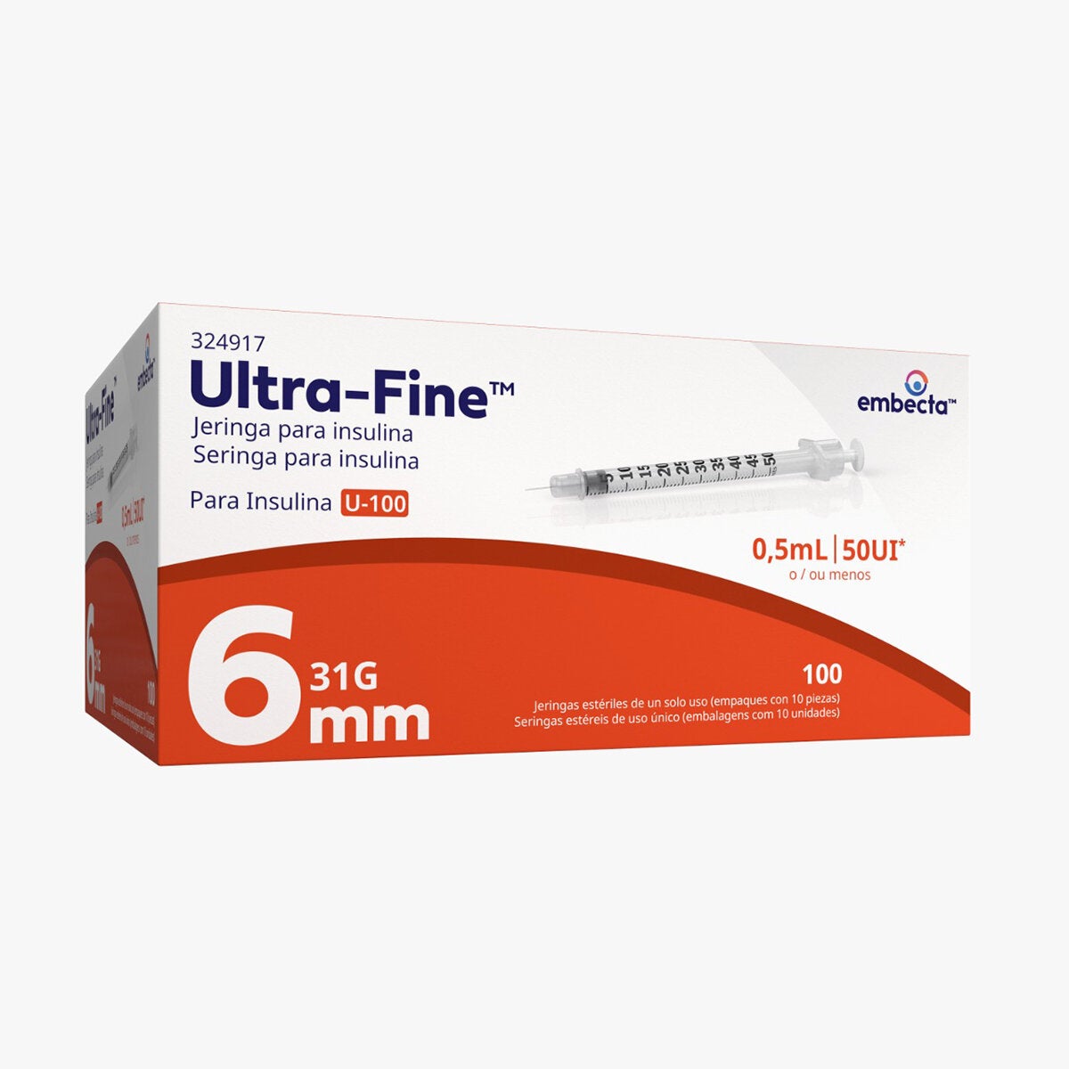 Jeringas de Insulina 0.5ml 100 Piezas Autocontenida