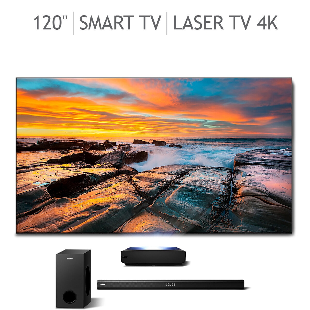 Hisense Pantalla 120" Laser TV 4K UHD Smart TV + Barra de Sonido de 2.1 Canales con Subwoofer Inalámbrico