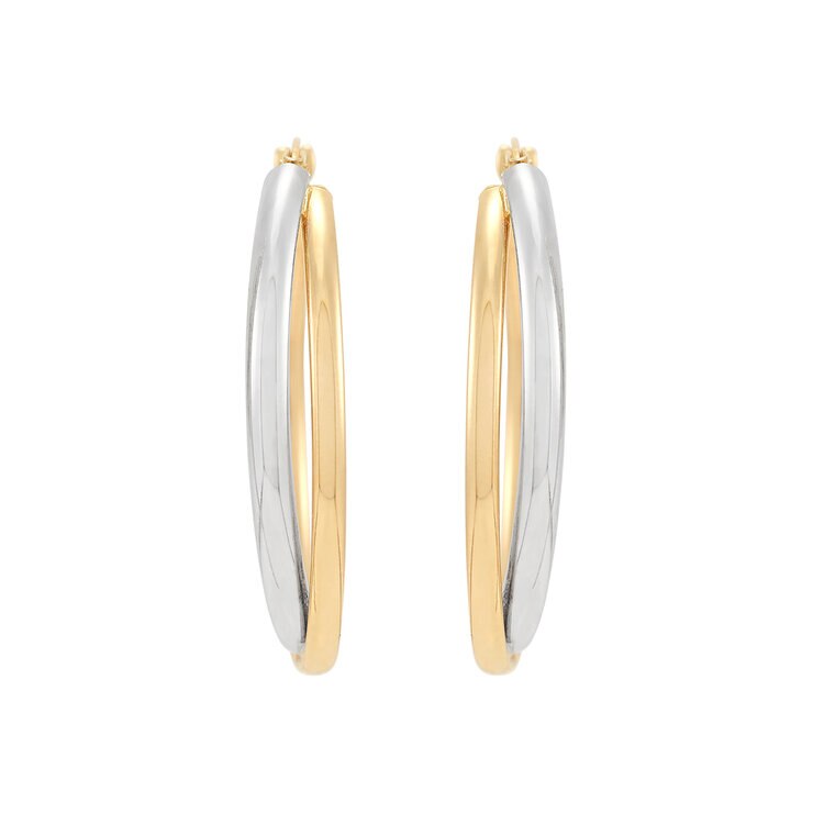 Aretes, Arracadas de Doble Fila, Oro Dos Tonos 14K Aretes, Arracadas de Doble Fila, Oro Dos Tonos 14K