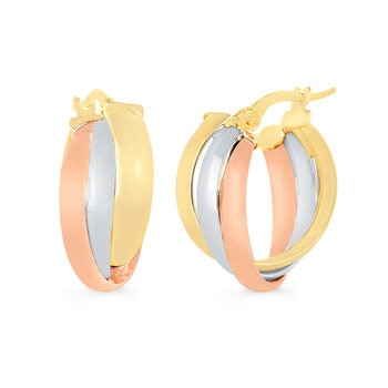 Aretes, Arracadas de Triple Fila, Oro Tres Tonos 14K