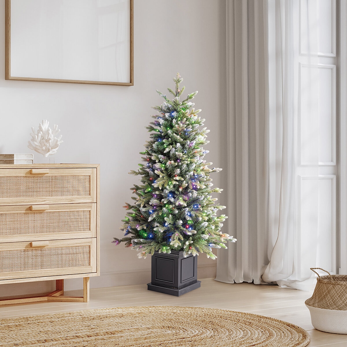 Árbol de Navidad Artificial en Maceta, Escarchado y Diamantado de 1.3m Preiluminado con 200 Luces LED