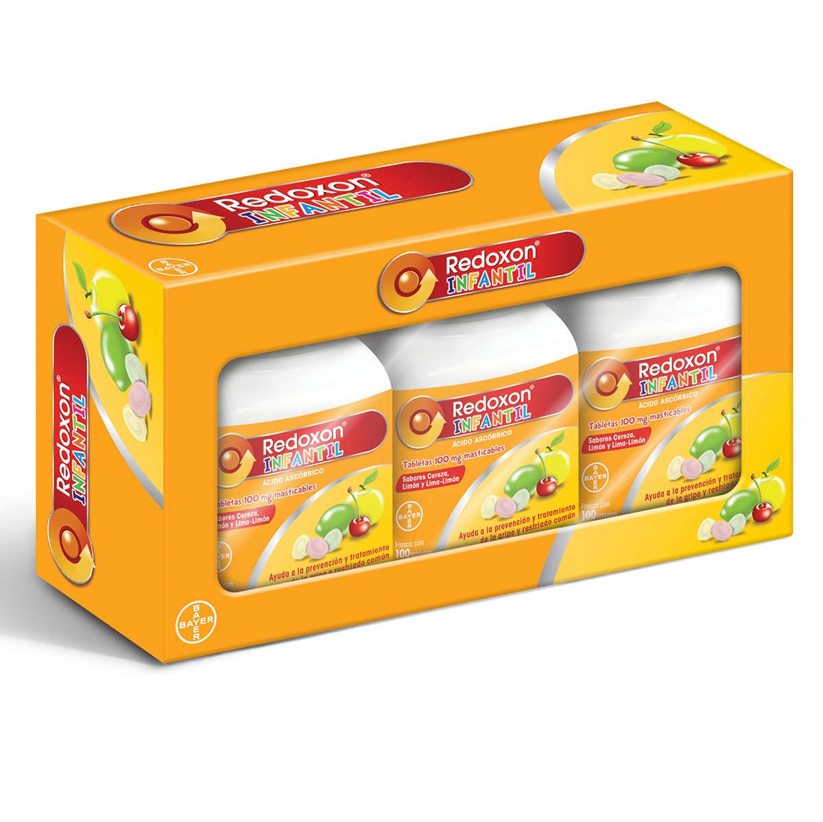 Redoxon Infantil Vitamina C 100mg Caja con 3 Frascos de 100 Tabletas Masticables c/u