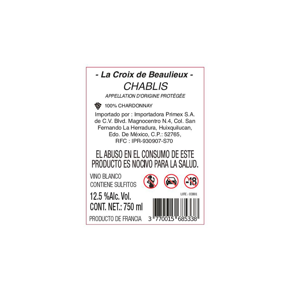 Vino Blanco Croix de Beaulieux Chablis 750ml