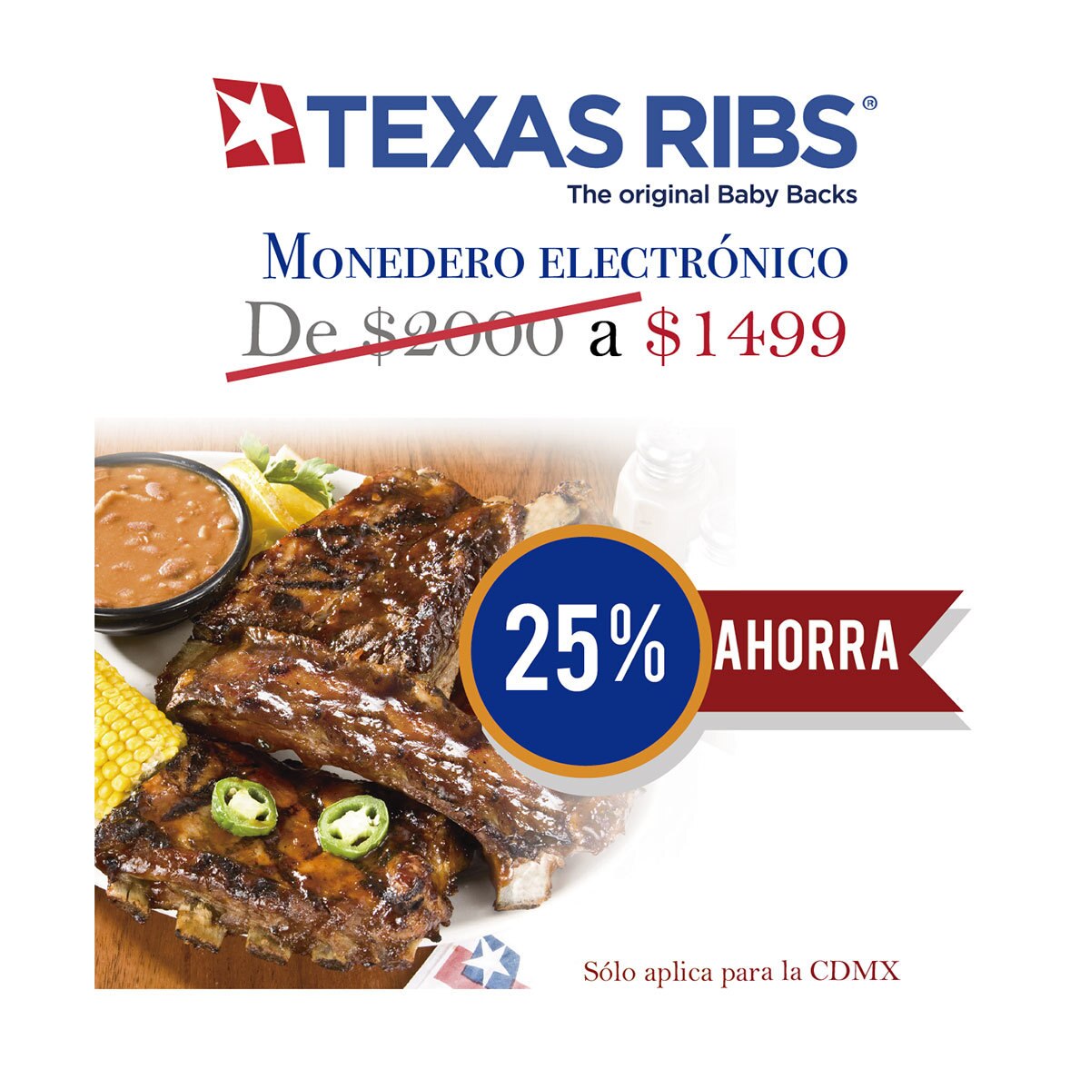 Restaurante Texas Ribs, certificado de regalo con valor de 2,000 pesos