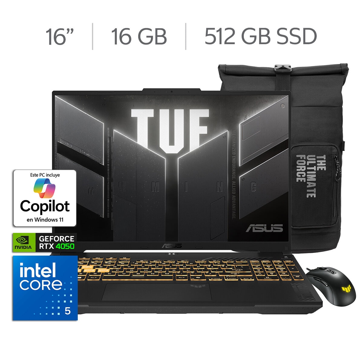 ASUS TUF Gaming F16 Laptop 16" Full HD+ Intel Core 5-210H 16GB 512GB SSD + Mochila + Mouse ASUS TUF Gaming F16 Laptop 16" Full HD+ Intel Core 5-210H 16GB 512GB SSD + Mochila + Mouse