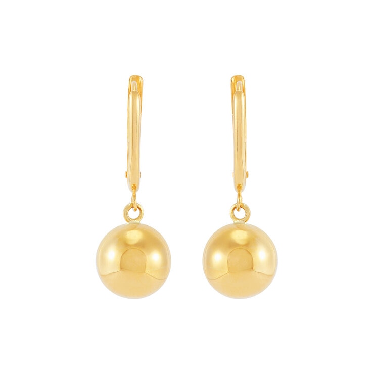Aretes de cuentas pulidas 9.6mm, Oro Amarillo de 14K Aretes de cuentas pulidas 9.6mm, Oro Amarillo de 14K