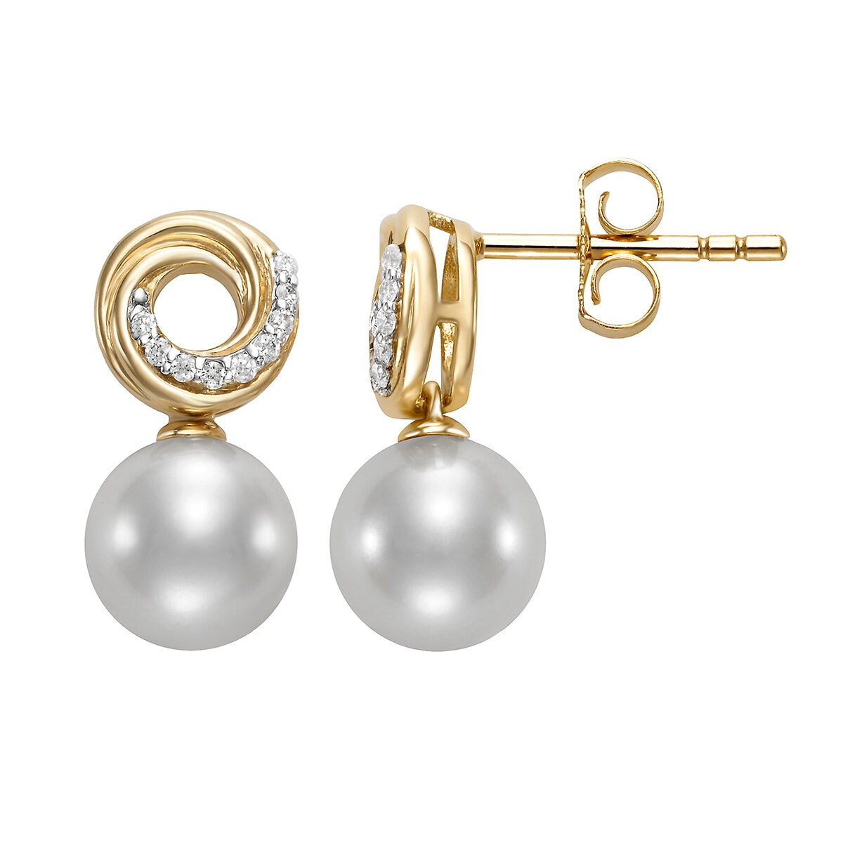 Aretes de Perlas Cultivadas, 7.5-8.0mm, con Diamantes .07ctw, Oro Amarillo de 14K