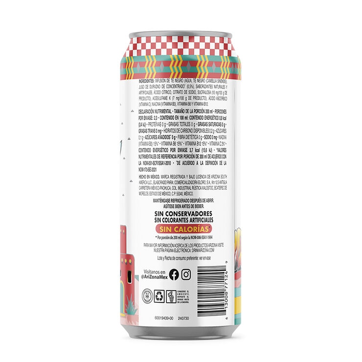 Arizona Zero Té Negro Sabor Durazno 24 latas de 460 ml