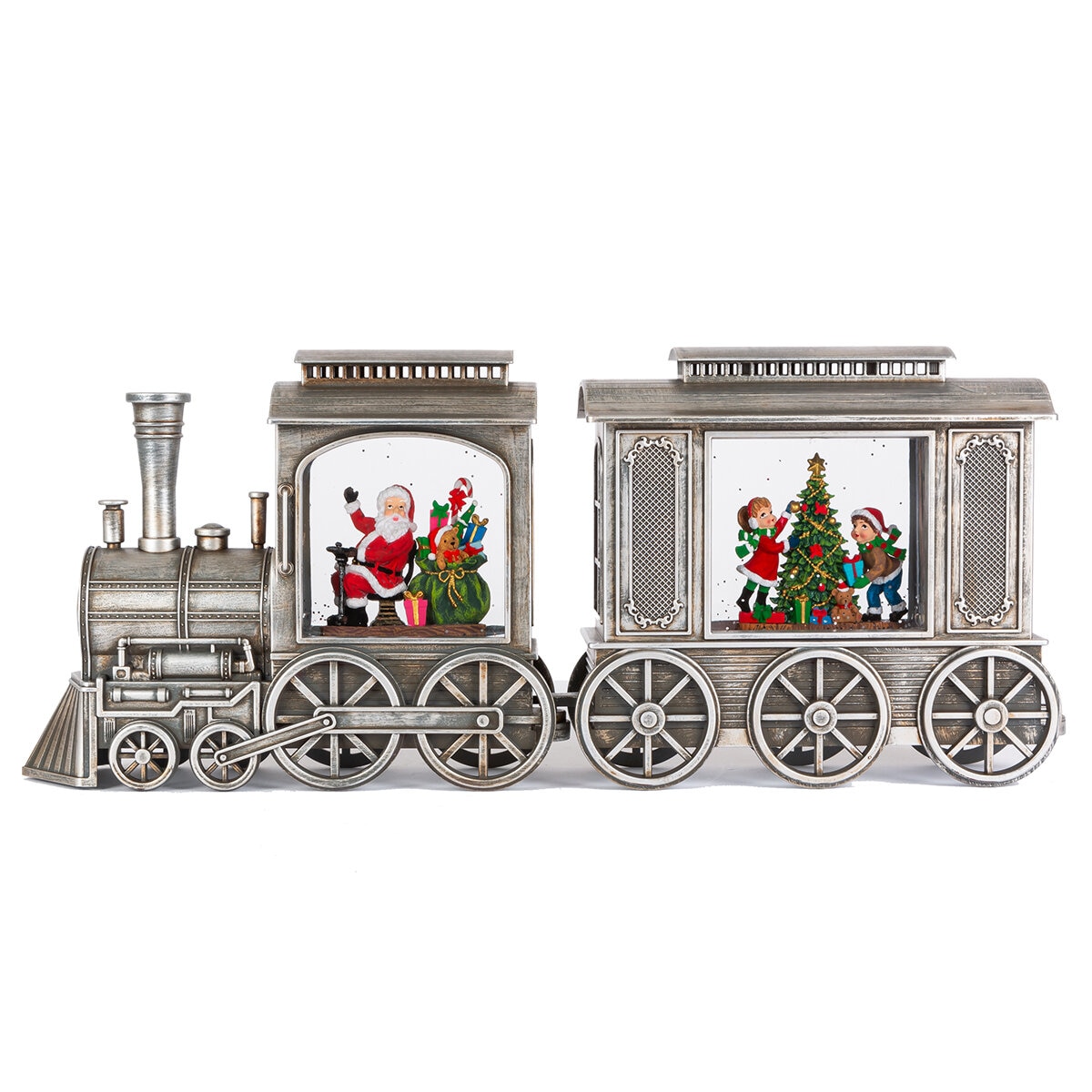 Tren Navideño con Nieve y Luces LED, Plata