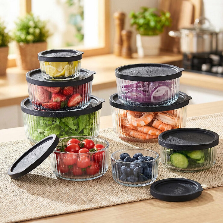 King Crystal 8 Tazones de Vidrio con Tapa de Silicona para Alimentos King Crystal 8 Tazones de Vidrio con Tapa de Silicona para Alimentos