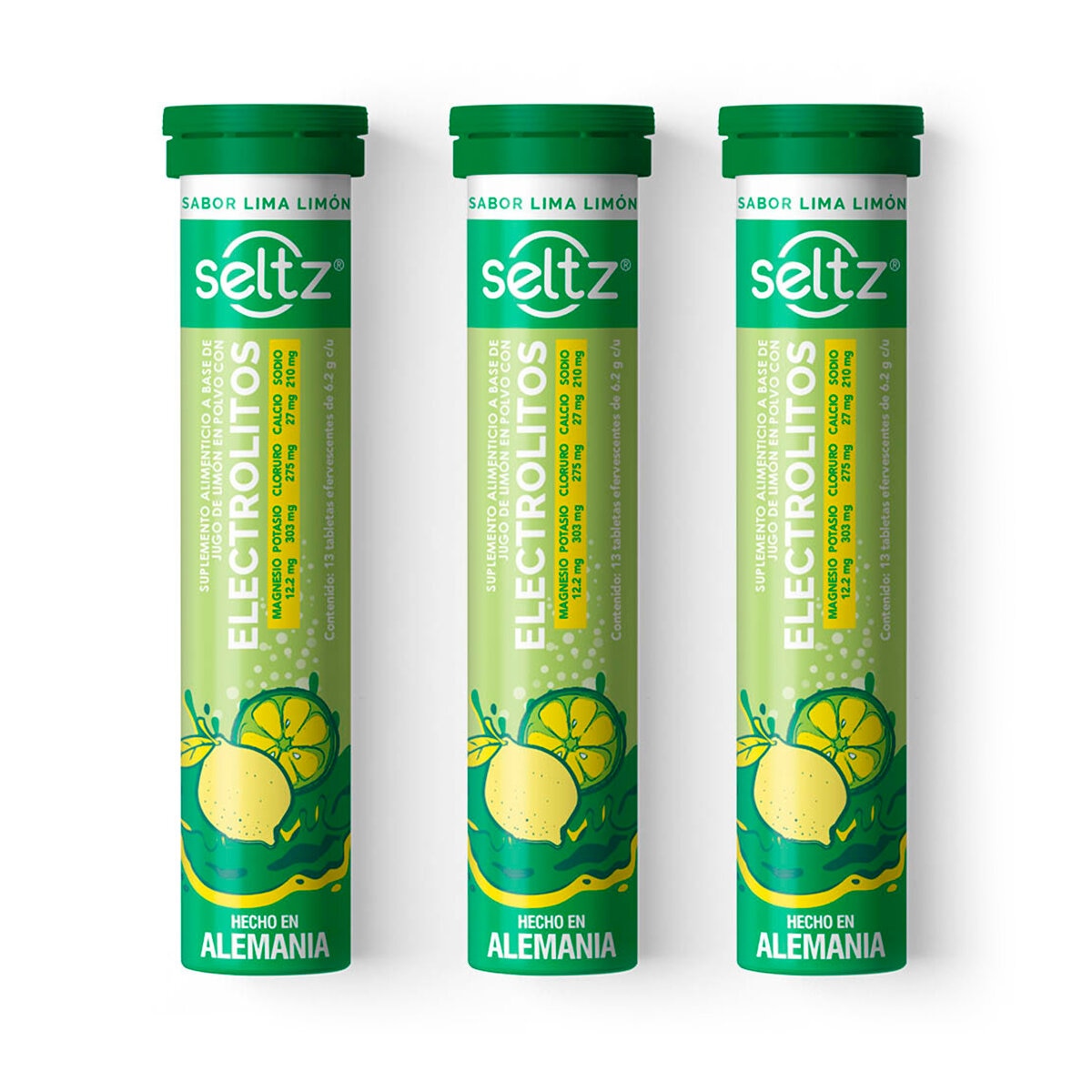 Seltz Electrolitos 3 Tubos de 13 Tabletas Efervescentes c/u Sabor Lima Limón