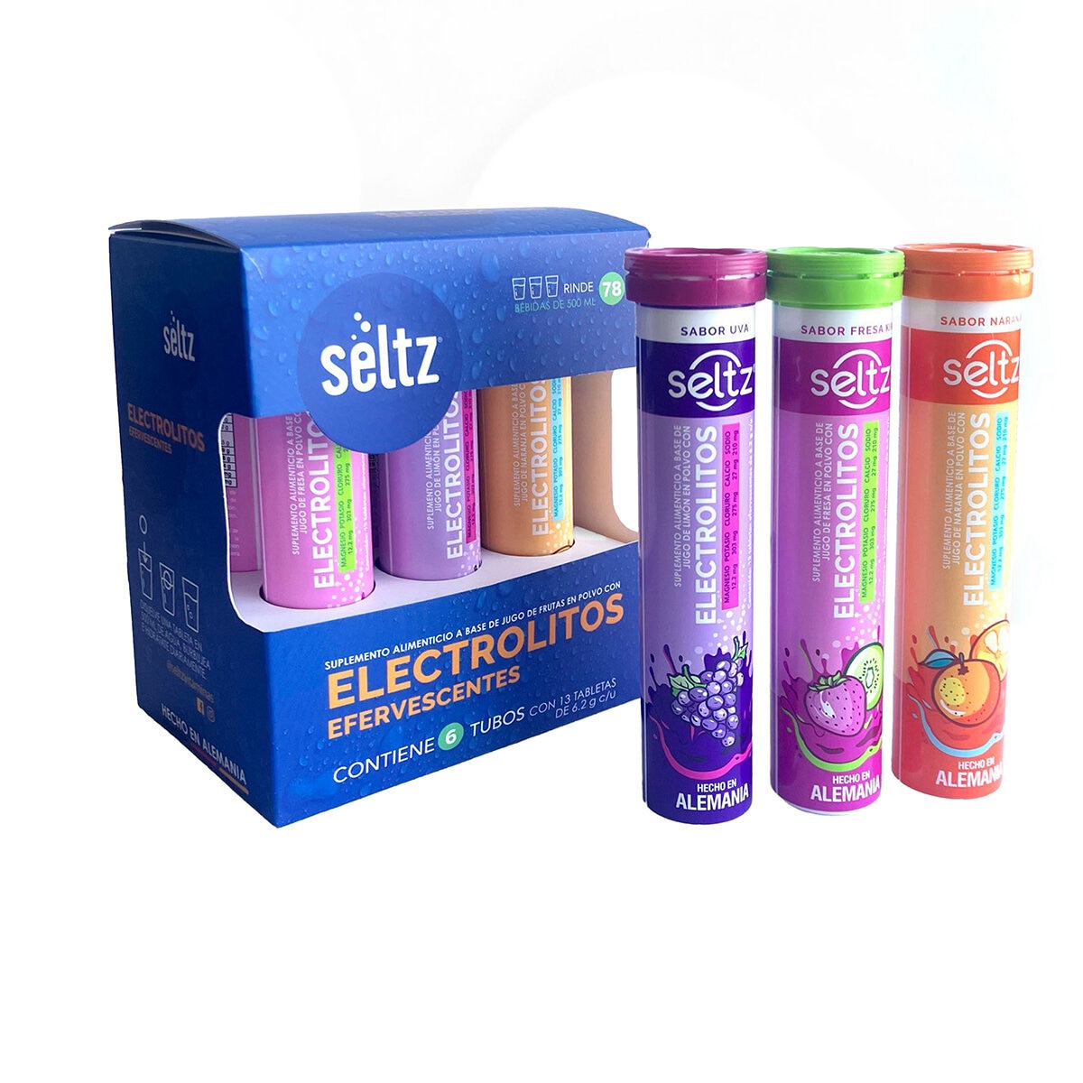 Seltz Electrolitos 6 Tubos de 13 Tabletas Efervescentes c/u Sabor Uva, Naranja y Fresa