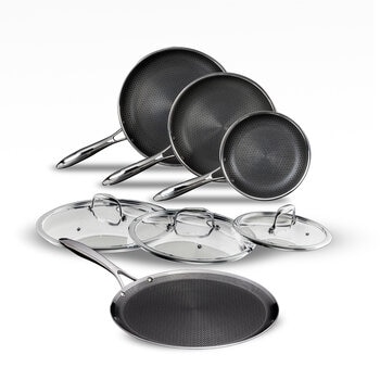  HexClad Juego de utensilios de cocina híbridos de acero  inoxidable de 7 piezas, juego de 6 sartenes con tapas y wok de 10 pulgadas,  mango que se mantiene fresco, apto para