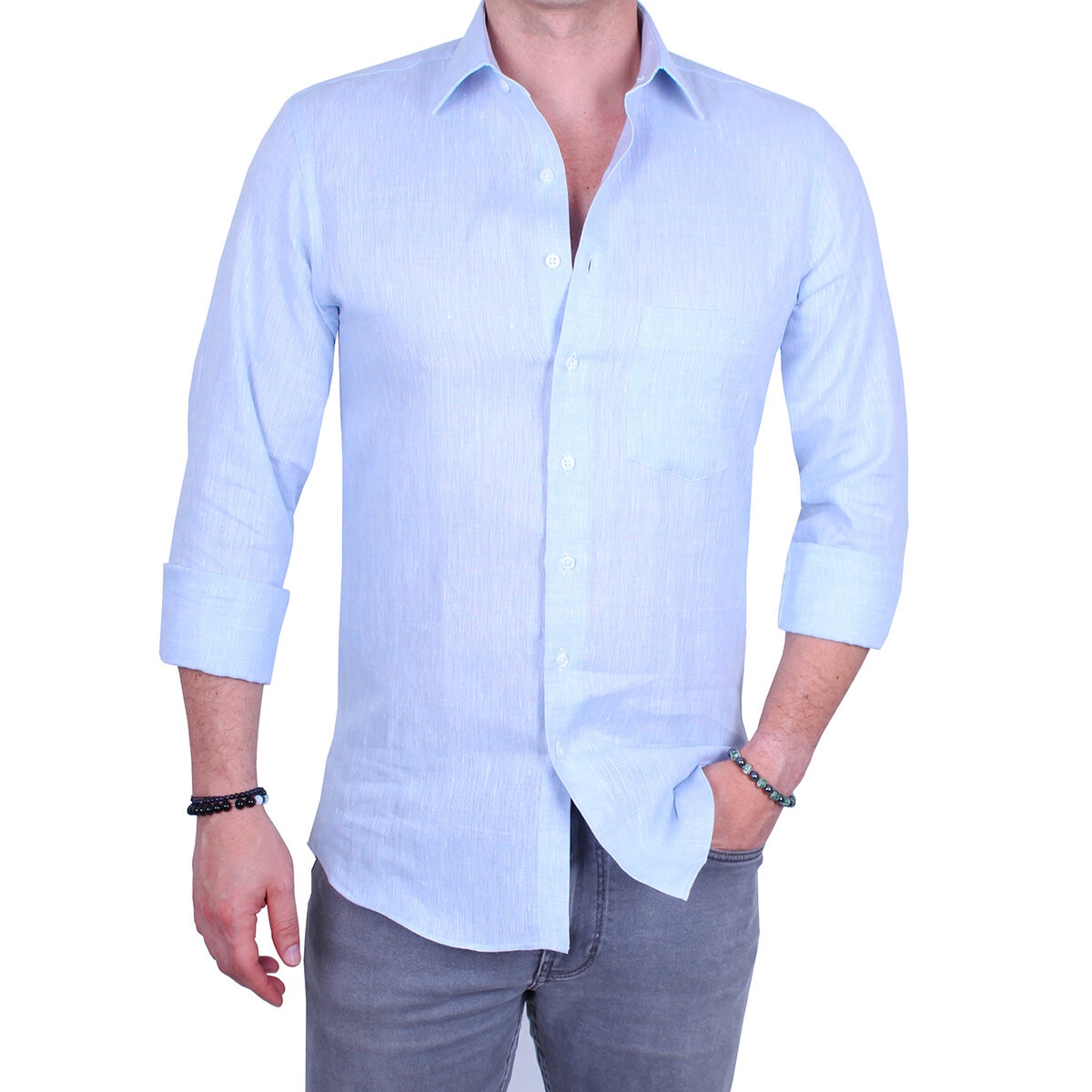 Emporio Colombo, Camisa de Lino para Caballero Corte Regular/Slim en Varias Tallas, Color Azul Cielo