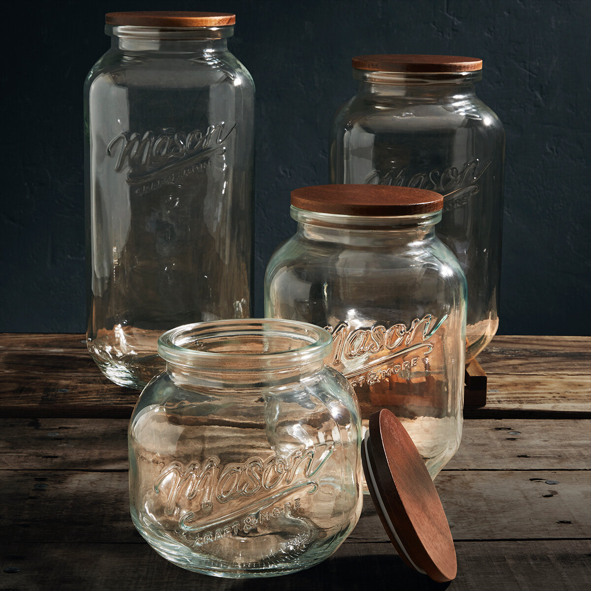 Mason Juego de 4 Frascos de Vidrio con Tapas de Madera de Acacia