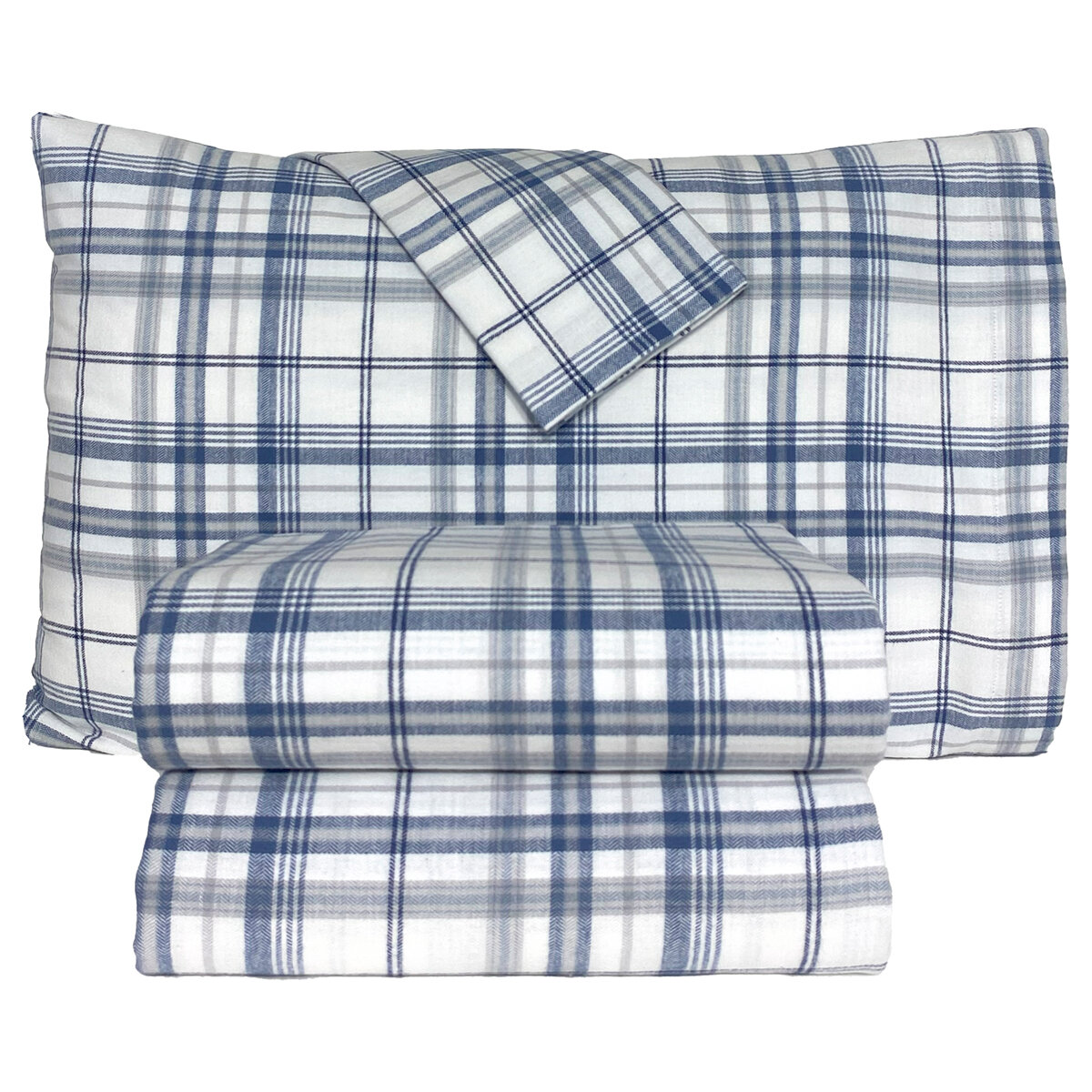 Flannel From Portugal, Juego de Sábanas de Franela, Tamaño Matrimonial 4 Piezas, Light Blue Plaid