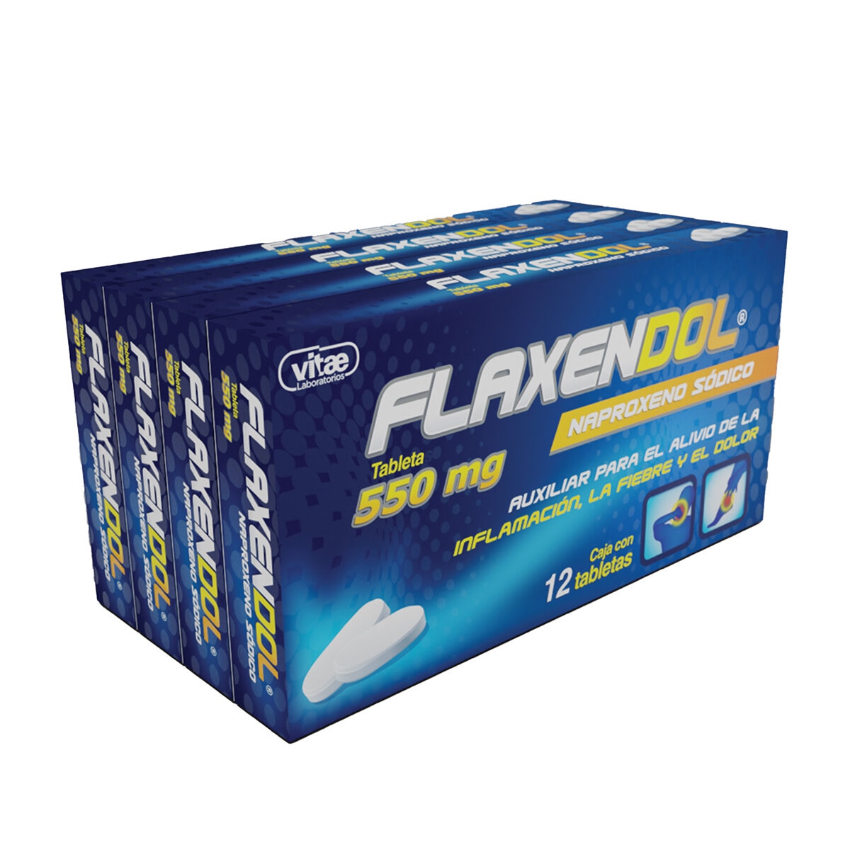 Flaxendol Naproxeno Sodico 550mg 4 Cajas de 12 Tabletas c/u