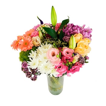 Chiltepec, Bouquet Mixto en Tonos Pasteles en Florero de Vidrio Chiltepec, Bouquet Mixto en Tonos Pasteles en Florero de Vidrio