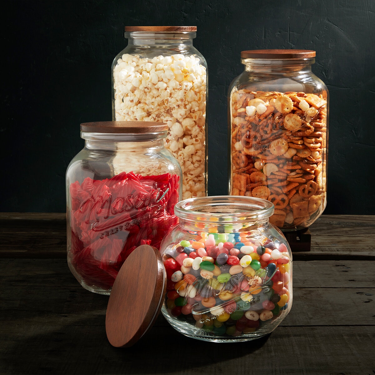 Mason Juego de 4 Frascos de Vidrio con Tapas de Madera de Acacia