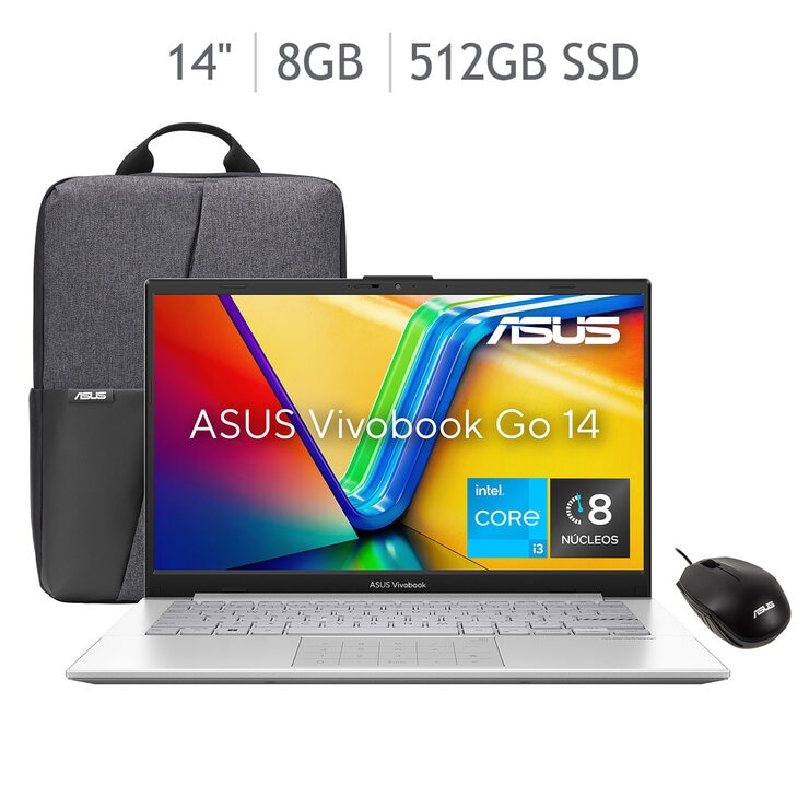 ASUS Vivobook Go 14 Laptop 14" Ful HD Intel Core i3 8GB 512GB SSD + Mochila + Mouse
