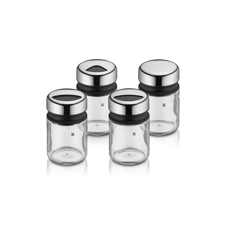 WMF Set de 4 Especieros de Vidrio con Tapa de Acero Inoxidable