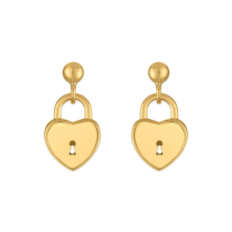 Aretes de Candado de Corazon, Oro Amarillo 14K