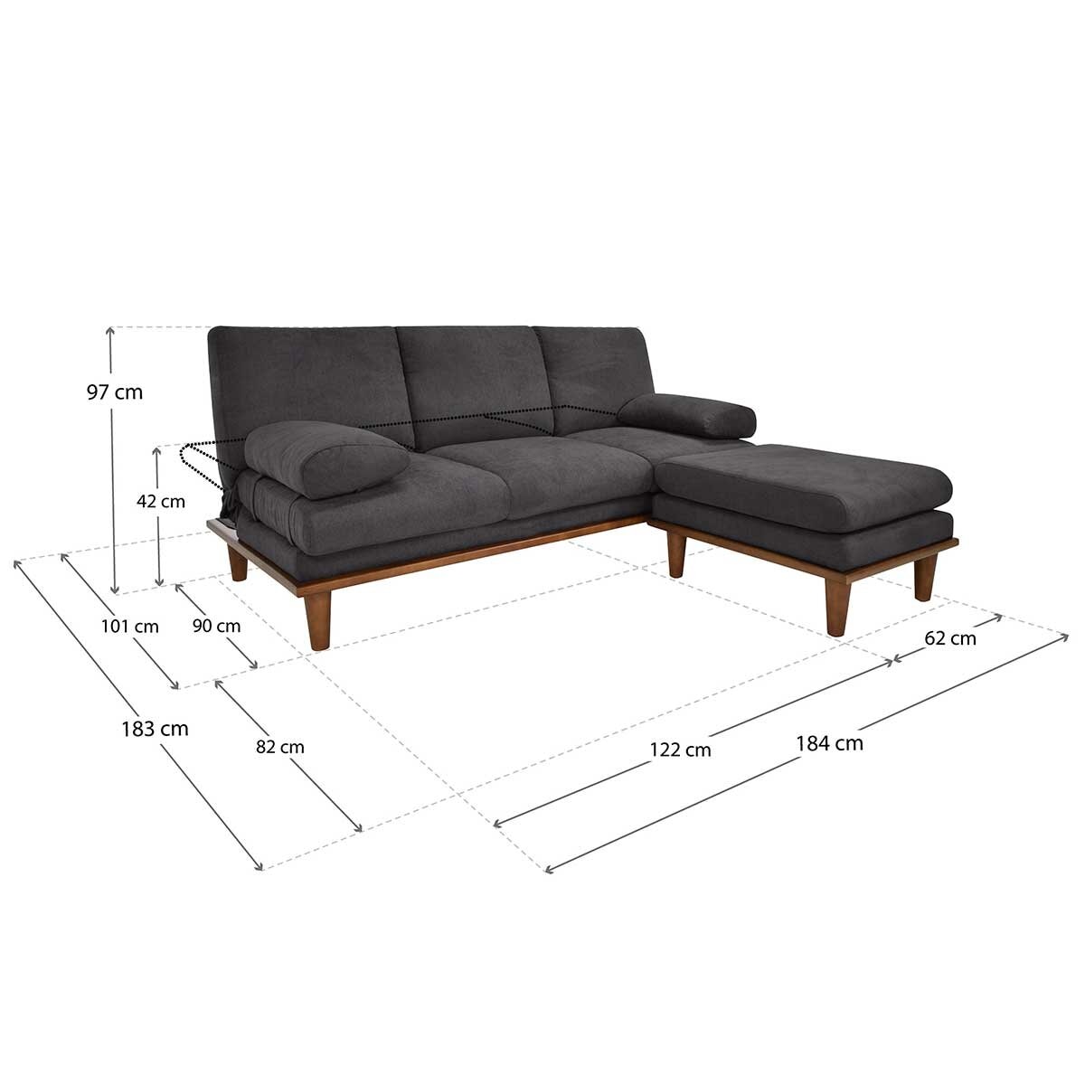 Violanti, Sofa Cama de tres plazas con Brazos y Patas de Madera