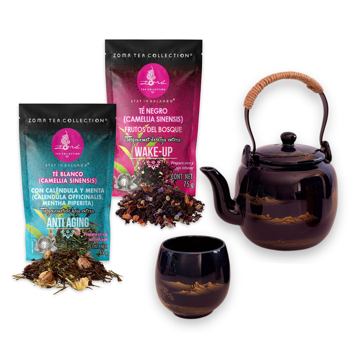 Zoma Tea Collection Juego de Tetera de Porcelana de 820 ml con 6 tazas y 2 sobres de té