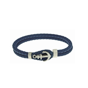 Pulsera de Piel color Azul, con Figura de Ancla en Acero para Caballero