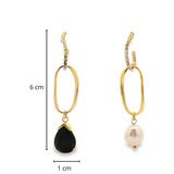 Mayfer, Aretes Largos con Perla Natural, Cristal Negro y Circonia