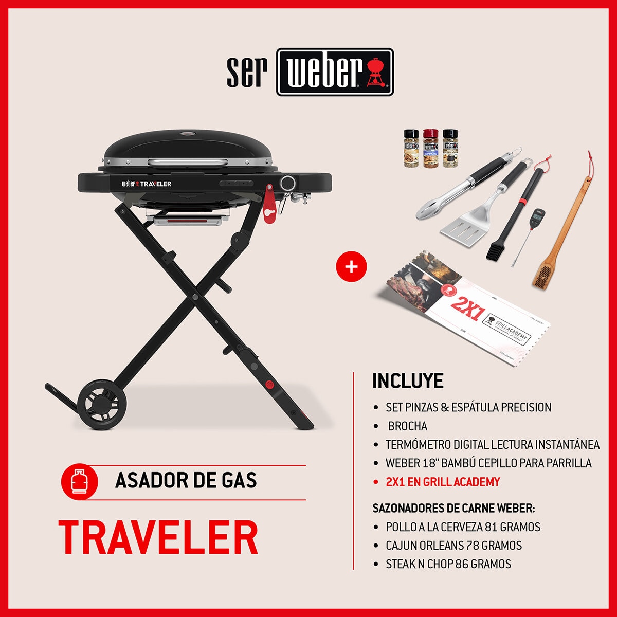 Weber, Traveler Compact Asador de Gas + Accesorios + Grill Academy Weber, Traveler Compact Asador de Gas + Accesorios + Grill Academy