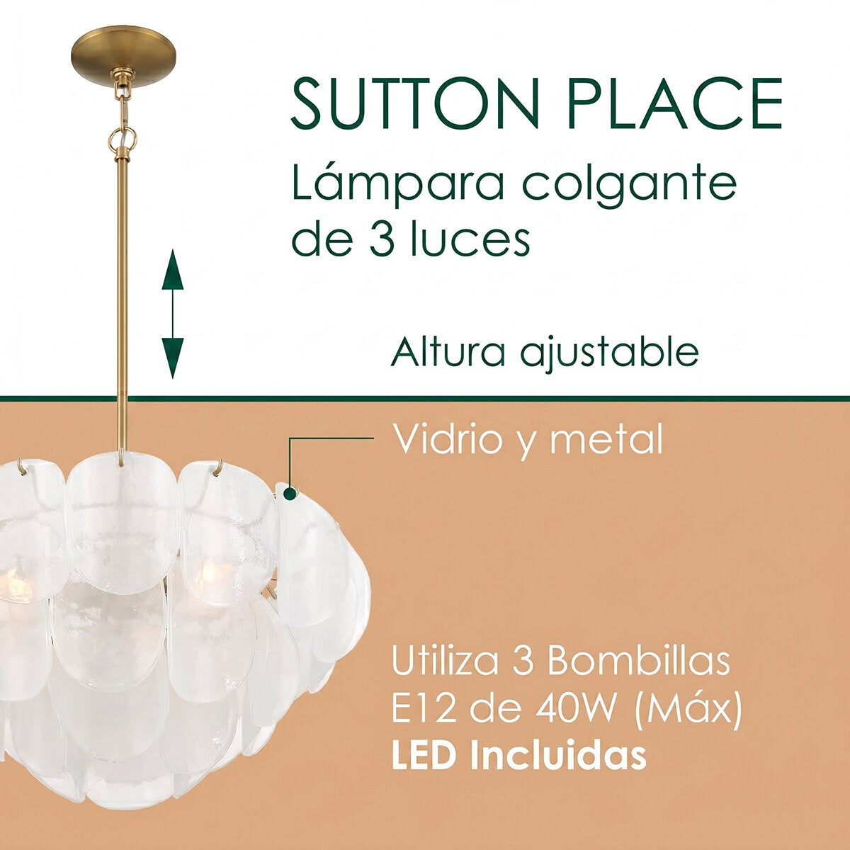Empire Lighting, Lámpara Colgante con Pantallas de Vidrio Modelo Sutton Empire Lighting, Lámpara Colgante con Pantallas de Vidrio Modelo Sutton