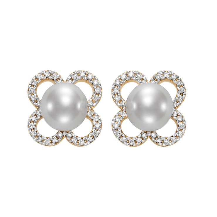 Aretes de Perlas Cultivadas y Diamantes 0.20ctw, , Oro Blanco de 14kt