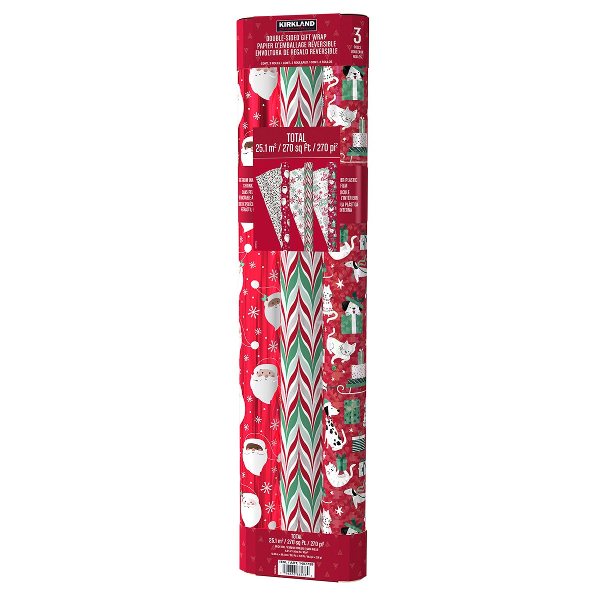 Kirkland Signature Paquete de 3 Rollos de Papel para Envolver con Diseños Navideños, Rojo con Blanco