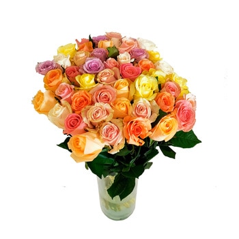 Chiltepec, Bouquet de 48 Rosas Multicolor en Florero de Vidrio Chiltepec, Bouquet de 48 Rosas Multicolor en Florero de Vidrio
