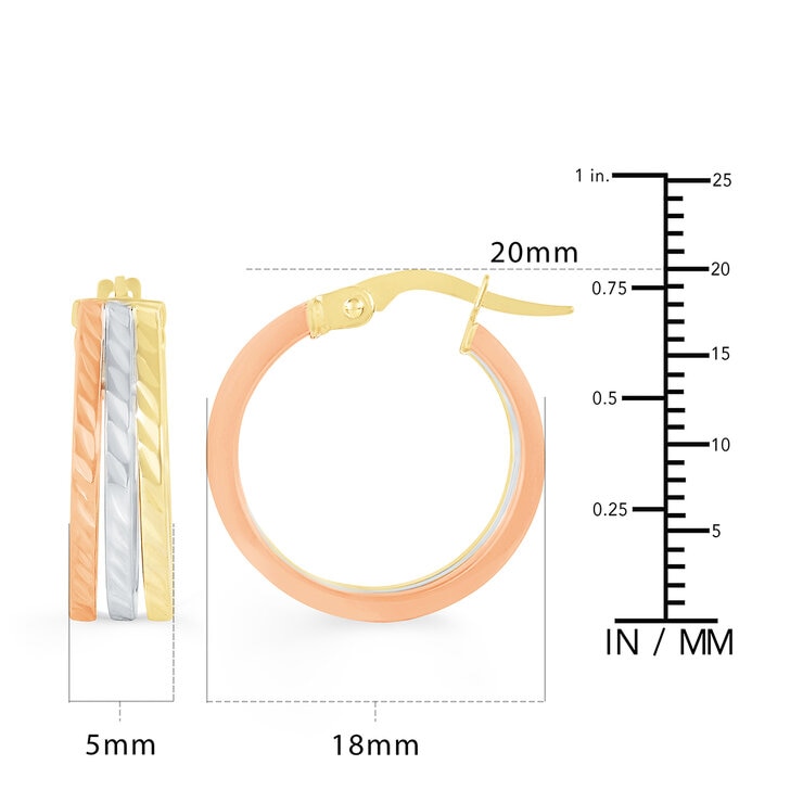Aretes de Triple Fila, Oro Tricolor de 14K