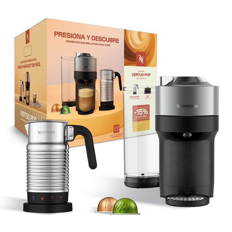 Nespresso, Cafetera Vertuo Pop con Espumador de Leche y 50 Cápsulas Nespresso, Cafetera Vertuo Pop con Espumador de Leche y 50 Cápsulas